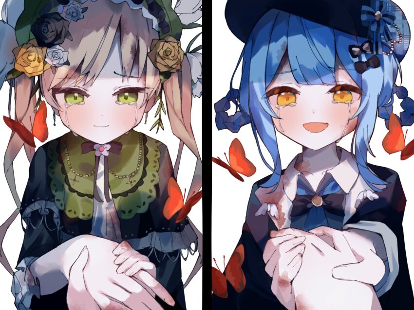 2girls, black_capelet, black_flower, black_hat, black_rose, blonde_hair, blue_hair, blue_necktie