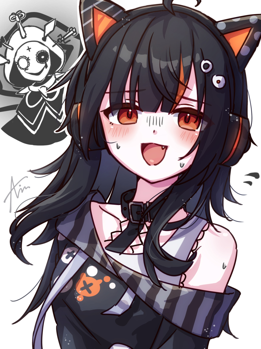 1girl, 1other, :d, ahoge, animal_ear_headphones, animal_ears, black_collar, black_hair