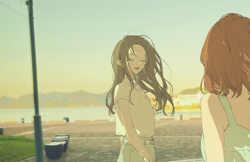 2girls, black_hair, boat, harbor, highres, kakmxxxny06, kono_koi_wo_hoshi_ni_wa_negawanai, kousaka_fuyuki, lamppost, long_hair, medium_hair, mountain, multiple_girls, nagasaki_prefecture, ocean, photo_background, red_hair, sasebo, shirai_eri, smile, watercraft