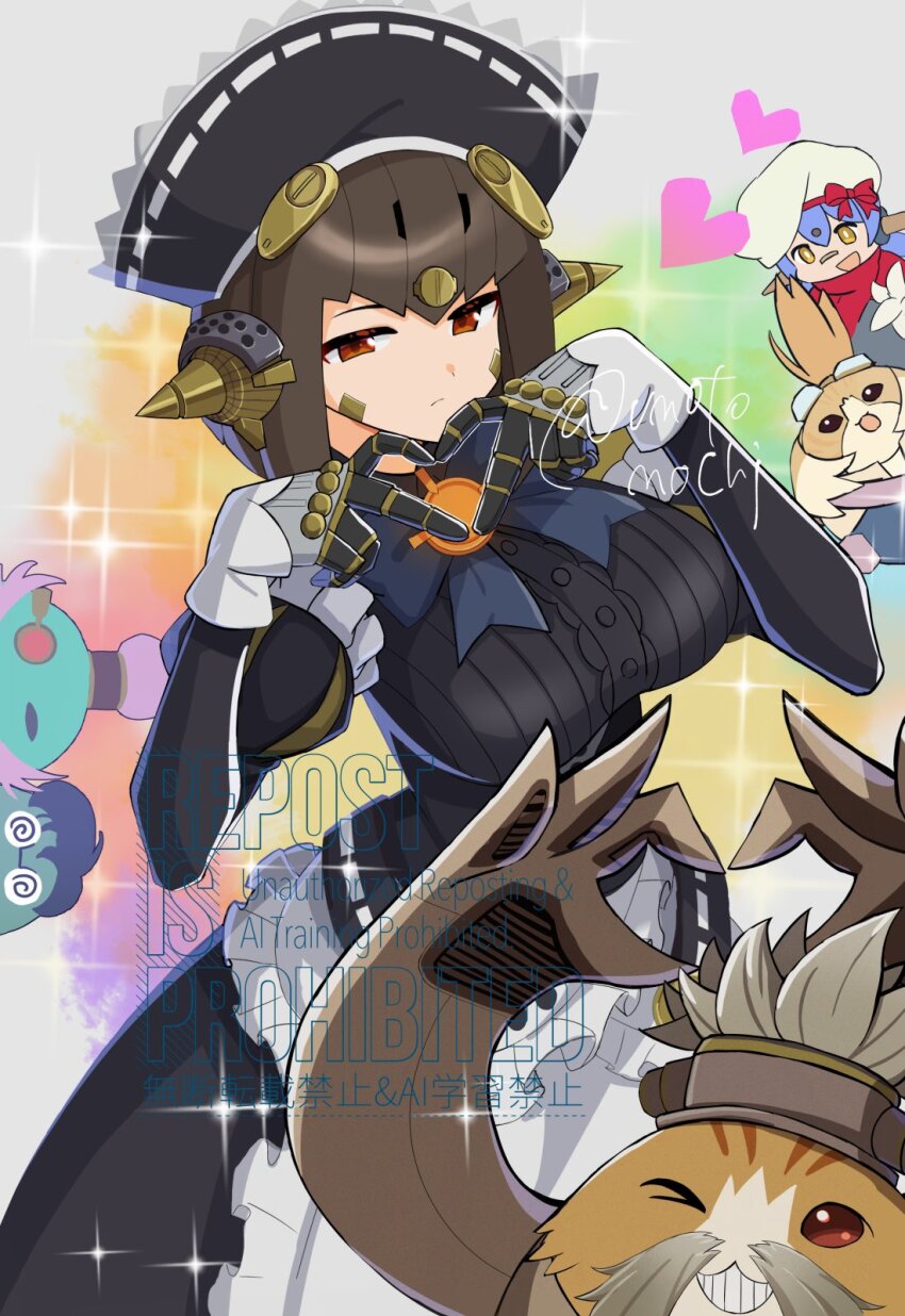 2girls, 4boys, android, bana_(xenoblade_2), breasts, half-closed_eyes, heart, heart_hands, highres, joints, large_breasts, lila_(xenoblade), looking_at_viewer, maid, maid_headdress, muimui_(xenoblade_2), multiple_boys, multiple_girls, no_humans, nopon, one_eye_closed, poppi_(xenoblade), poppi_alpha_(xenoblade), red_eyes, robot, robot_ears, robot_joints, solo_focus, tatazo_(xenoblade), tora_(xenoblade_2), umotomochi, wink, xenoblade_chronicles_(series), xenoblade_chronicles_2