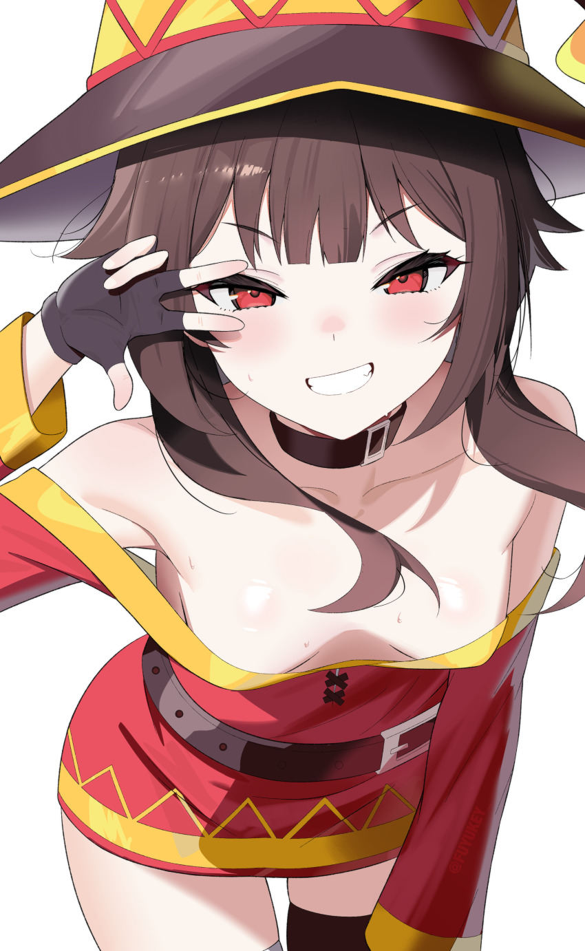 1girl, :d, absurdres, bare_shoulders, belt, belt_collar, black_belt, black_gloves, black_hat, black_thighhighs, blush, breasts, brown_hair, collar, collarbone, commentary, cowboy_shot, downblouse, dress, eyelashes, fang, fingerless_gloves, fuyukey, gloves, grin, hand_up, hat, highres, kono_subarashii_sekai_ni_shukufuku_wo!, leaning_forward, long_sleeves, looking_at_viewer, megumin, no_bra, open_mouth, petite, red_dress, red_eyes, shiny_skin, short_dress, short_hair_with_long_locks, simple_background, single_thighhigh, small_breasts, smile, smug, solo, sweat, thighhighs, thighs, tsurime, v, v-shaped_eyebrows, v_over_eye, white_background, wide_sleeves, witch_hat, zettai_ryouiki