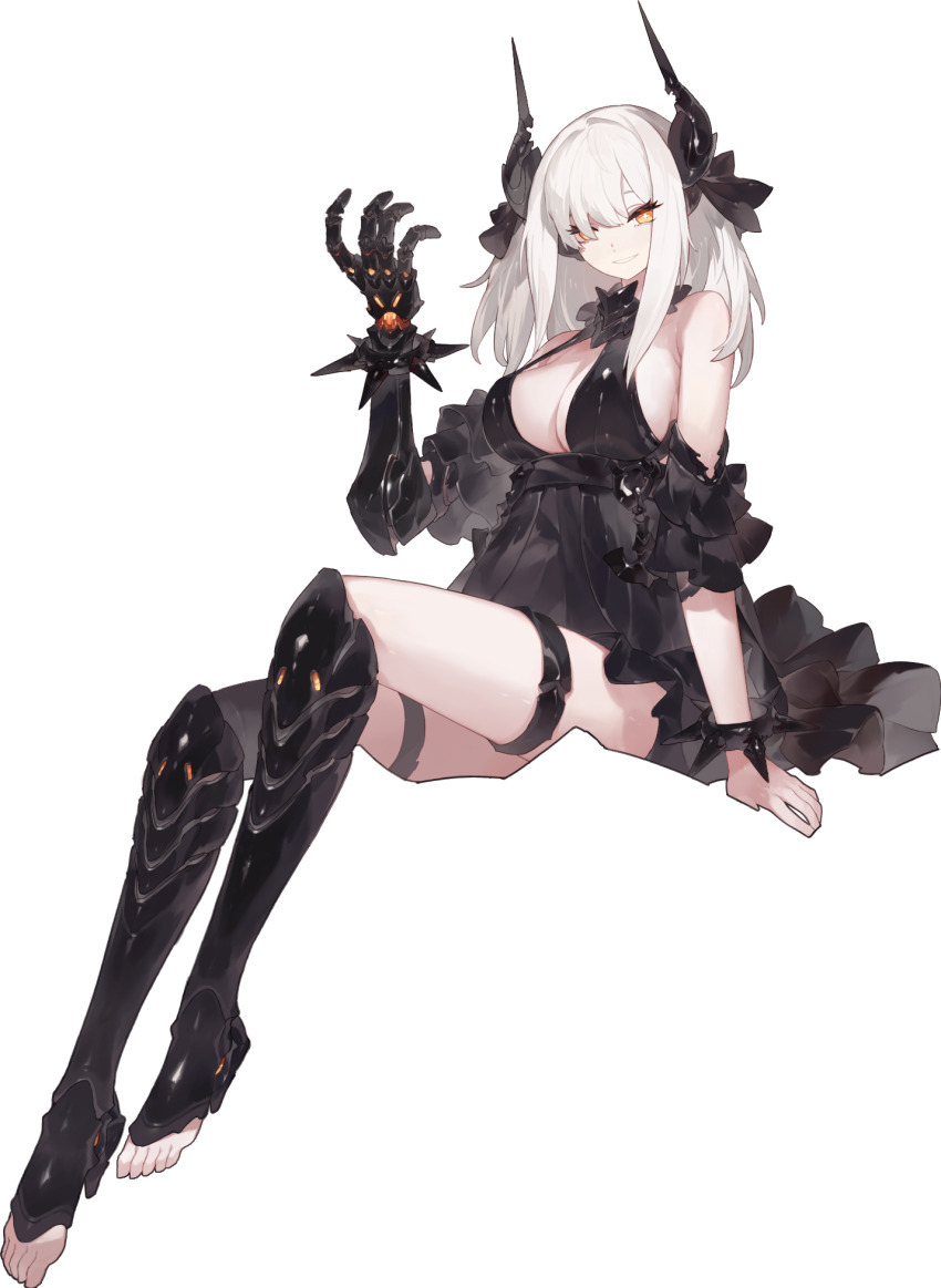 1girl, arbiter_the_chariot_vii_(azur_lane), arm_support, armor, armored_boots, artist_request, azur_lane, bare_shoulders, black_dress, black_horns, boots, bracelet, breasts, cleavage, cuffs, detached_sleeves, dress, drone, feet, frilled_dress, frills, gauntlets, glowing, glowing_eyes, hair_between_eyes, hair_ornament, hair_over_one_eye, hand_up, headgear, highres, horns, jewelry, knee_boots, large_breasts, long_hair, mechanical_arms, mechanical_hands, non-web_source, official_art, orange_eyes, prosthesis, red_eyes, robot, shackles, short_dress, sidelocks, single_mechanical_arm, single_mechanical_hand, siren_(azur_lane), sitting, smile, solo, spiked_bracelet, spikes, tachi-e, thigh_strap, thighlet, thighs, toeless_legwear, toes, transparent_background, white_hair