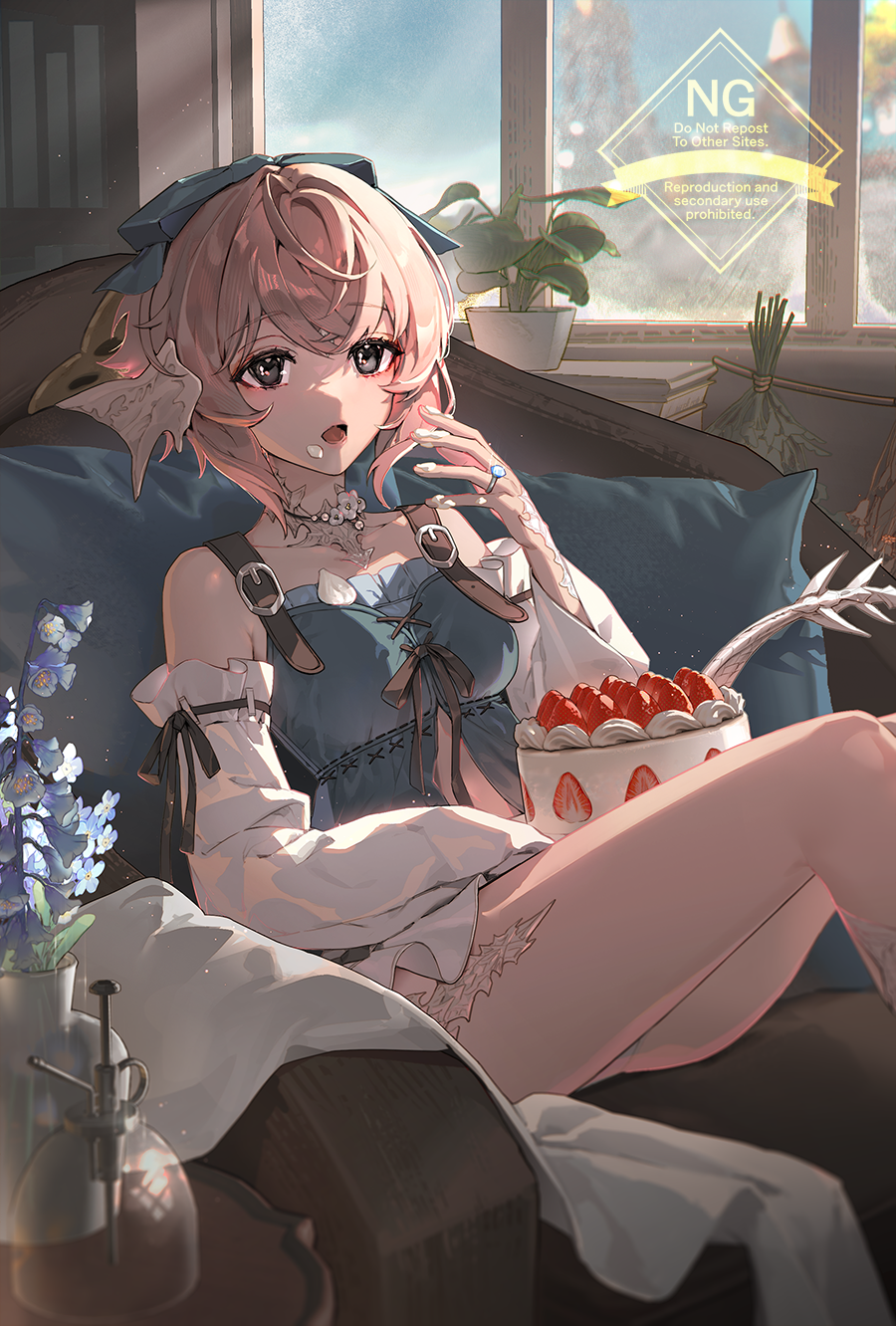 1girl, bamcream, bare_shoulders, blonde_hair, blue_bow, blue_shirt, bow, breasts