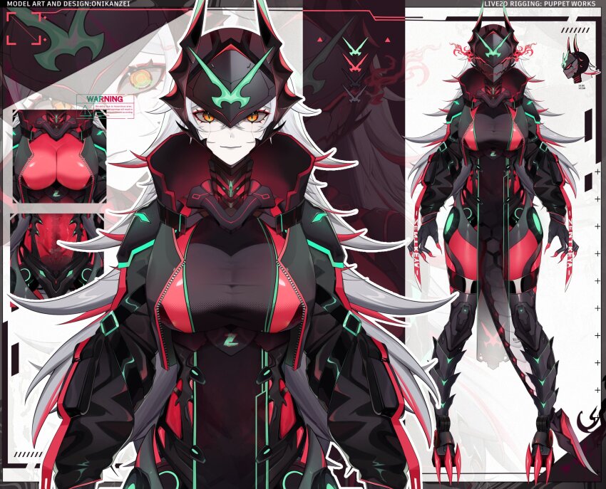 1girl, breasts, cleavage, closed_mouth, cyborg, dragon_girl, dragon_horns, dragon_tail, grey_hair, highres, horns, indie_virtual_youtuber, jacket, large_breasts, looking_at_viewer, official_alternate_costume, official_art, oni_kanzei, red_jacket, reference_sheet, smile, solo, tail, virtual_youtuber, yellow_eyes, zentreya, zentreya_(cyber_dragon)