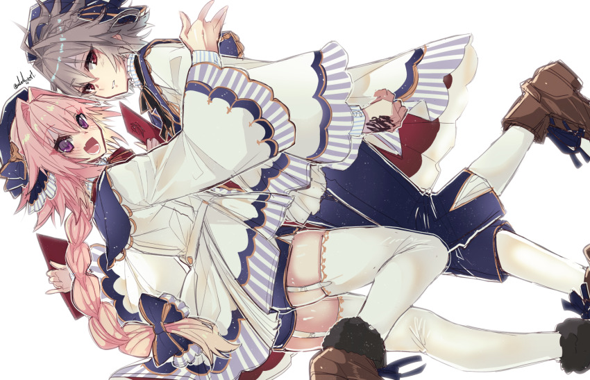 2boys, astolfo_(angel_breath)_(fate), astolfo_(fate), beret, black_bow, blue_shorts, blush, boots