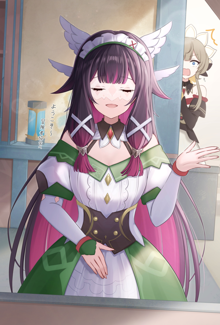 2girls, absurdres, bare_shoulders, black_hair, blue_eyes, blunt_bangs, brown_hair, closed_eyes