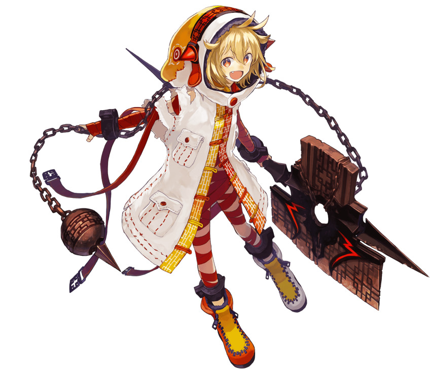 1girl, :d, axe, battle_axe, blonde_hair, chain, chiyou_(phantom_of_the_kill), fang