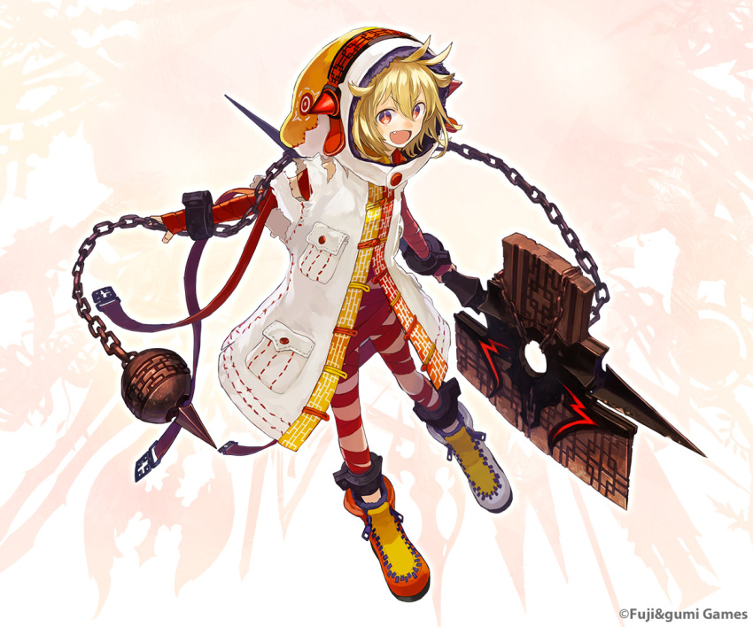 1girl, :d, axe, battle_axe, blonde_hair, chain, chiyou_(phantom_of_the_kill), commentary_request