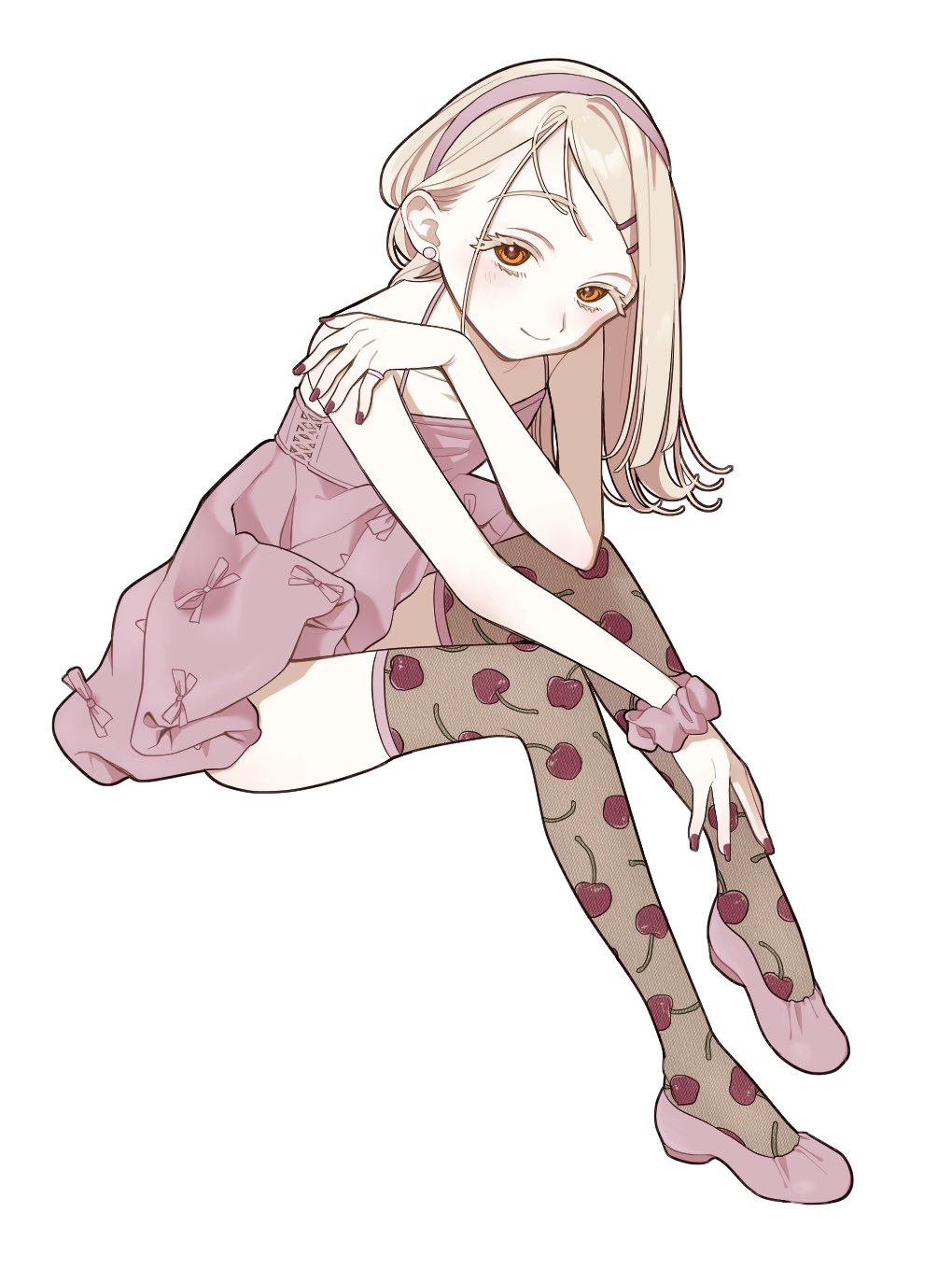 1girl, bare_shoulders, black_thighhighs, blonde_hair, cherry_print, closed_mouth, colored_eyelashes, commentary