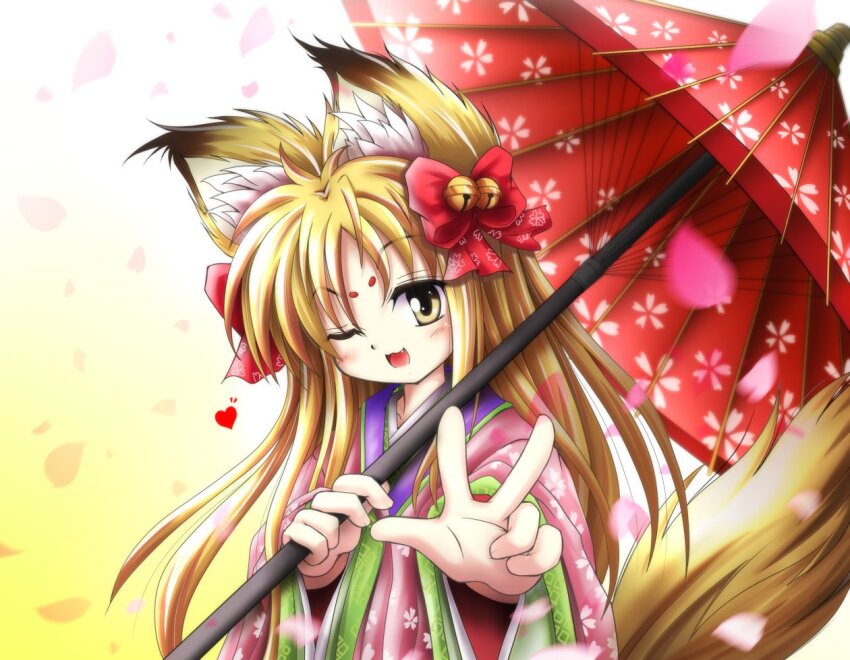 1girl, animal_ears, bell, blonde_hair, emil_chronicle_online, fox_ears, fox_girl, fox_tail