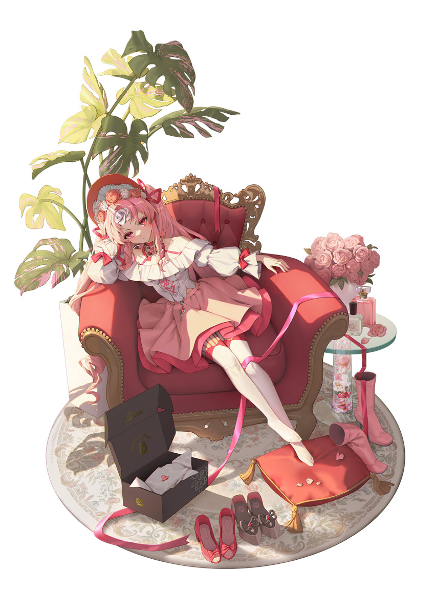 1girl, bamcream, bare_shoulders, bonnet, boots, bow, closed_mouth, commentary