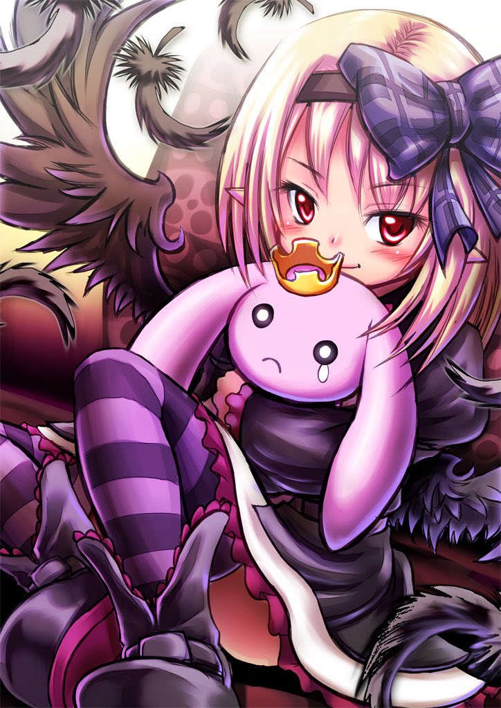 1girl, black_boots, black_dress, black_feathers, black_hairband, black_ribbon, black_wings, blonde_hair, boots, dark_feather_alma, dress, emil_chronicle_online, feathers, frilled_dress, frills, hair_ribbon, hairband, holding, holding_stuffed_toy, loli, os_aod, pointy_ears, purple_thighhighs, red_eyes, ribbon, sitting, smile, solo, striped_clothes, striped_thighhighs, stuffed_animal, stuffed_rabbit, stuffed_toy, thighhighs, wings
