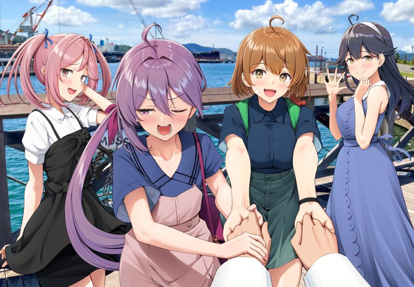 4girls, ahoge, akebono_(kancolle), akebono_(kure_2025)_(kancolle), backpack, bag, bandaid, bandaid_on_face