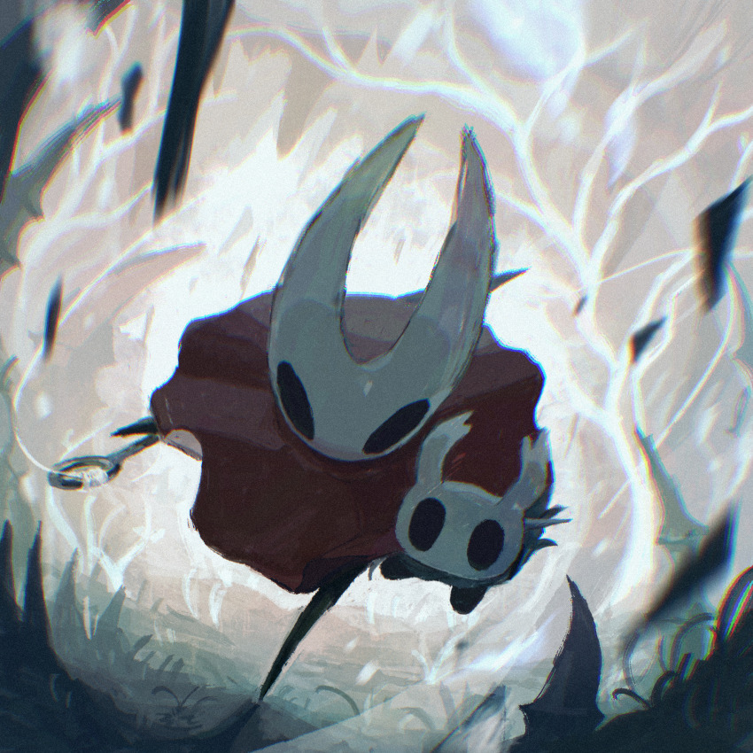 1girl, 1other, arthropod_girl, backlighting, black_eyes, black_skin, blank_eyes, blipbugbug, carrying, carrying_person, carrying_under_arm, chromatic_aberration, cloak, colored_skin, dutch_angle, full_body, furry, furry_female, highres, holding, holding_weapon, hollow_knight, hornet_(hollow_knight), knight_(hollow_knight), leg_up, nail_(hollow_knight), needle_(hollow_knight), no_feet, red_cloak, running, running_towards_viewer, standing, standing_on_one_leg, string, weapon