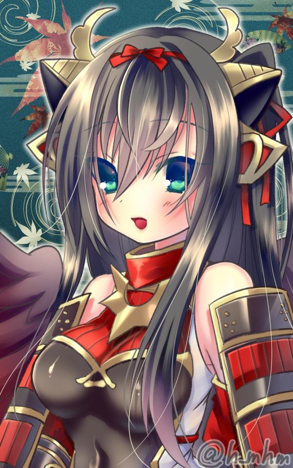 armor, bare_shoulders, bird_girl, black_hair, breastplate, breasts, emil_chronicle_online, green_background