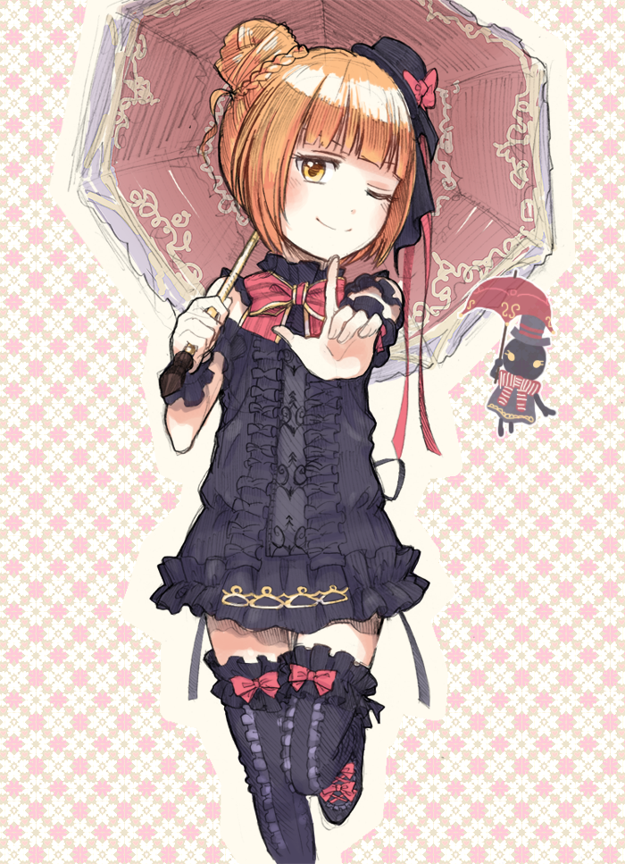 1girl, armband, black_armband, black_hat, black_thighhighs, dress, emil_chronicle_online, frilled_armband, frilled_dress, frilled_thighhighs, frills, hair_bun, hat, hat_ribbon, holding, holding_umbrella, neck_ribbon, one_eye_closed, orange_hair, red_ribbon, red_umbrella, ribbon, sleeveless, sleeveless_dress, smile, thighhighs, umbrella, umbrella_alma, wagon_coc, yellow_eyes