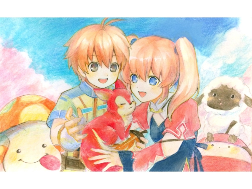 1boy, 1girl, :d, ahoge, animal, blue_background, blue_eyes, border