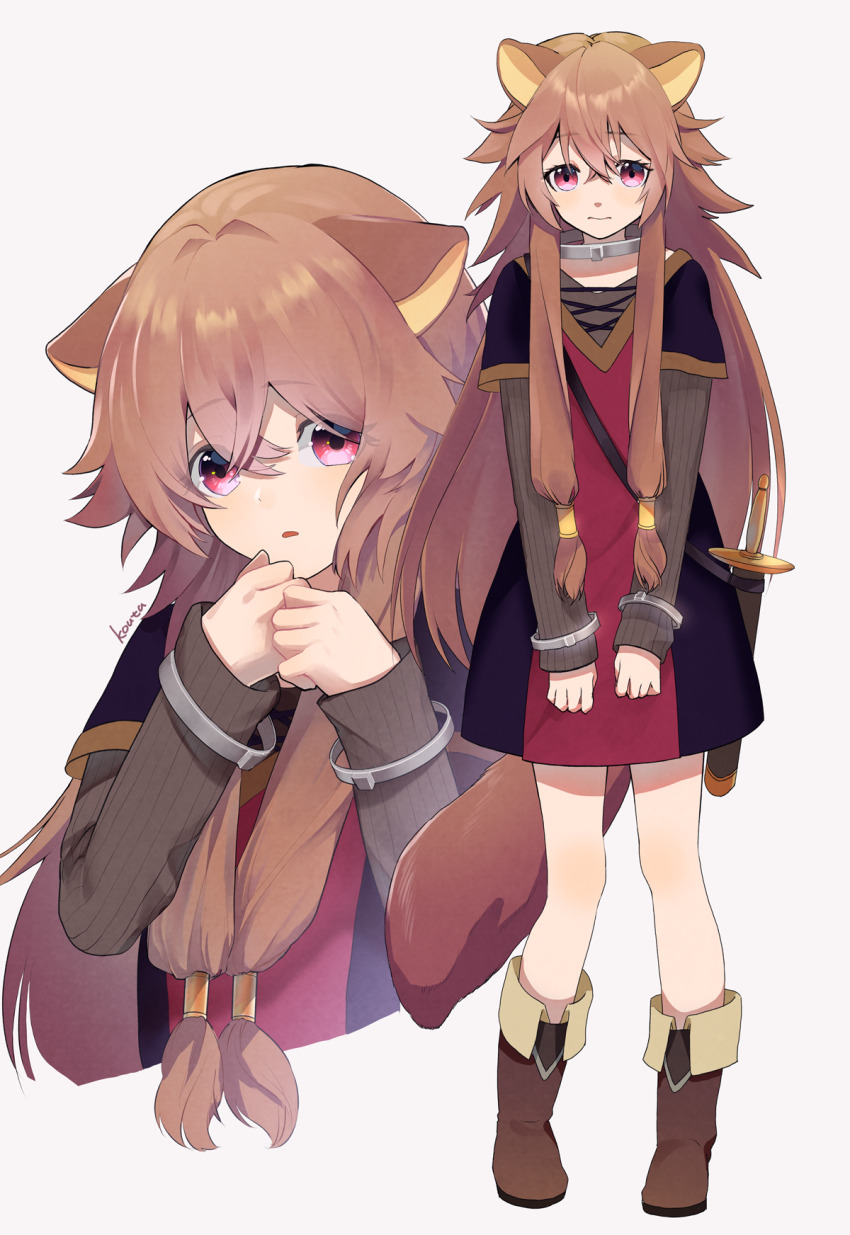 1girl, :|, animal_ears, artist_name, black_dress, boots, brown_boots, brown_hair