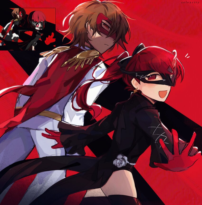 1boy, 1girl, :d, absurdres, akechi_gorou, black_background, black_bow, black_jacket