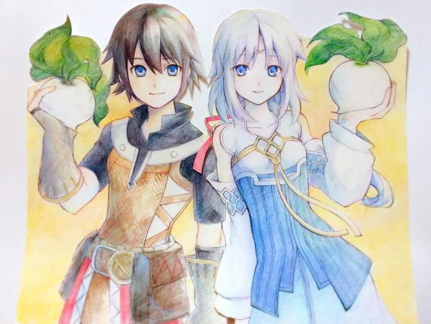 1boy, 1girl, bare_shoulders, blue_dress, blue_eyes, brown_hair, closed_mouth, cowboy_shot