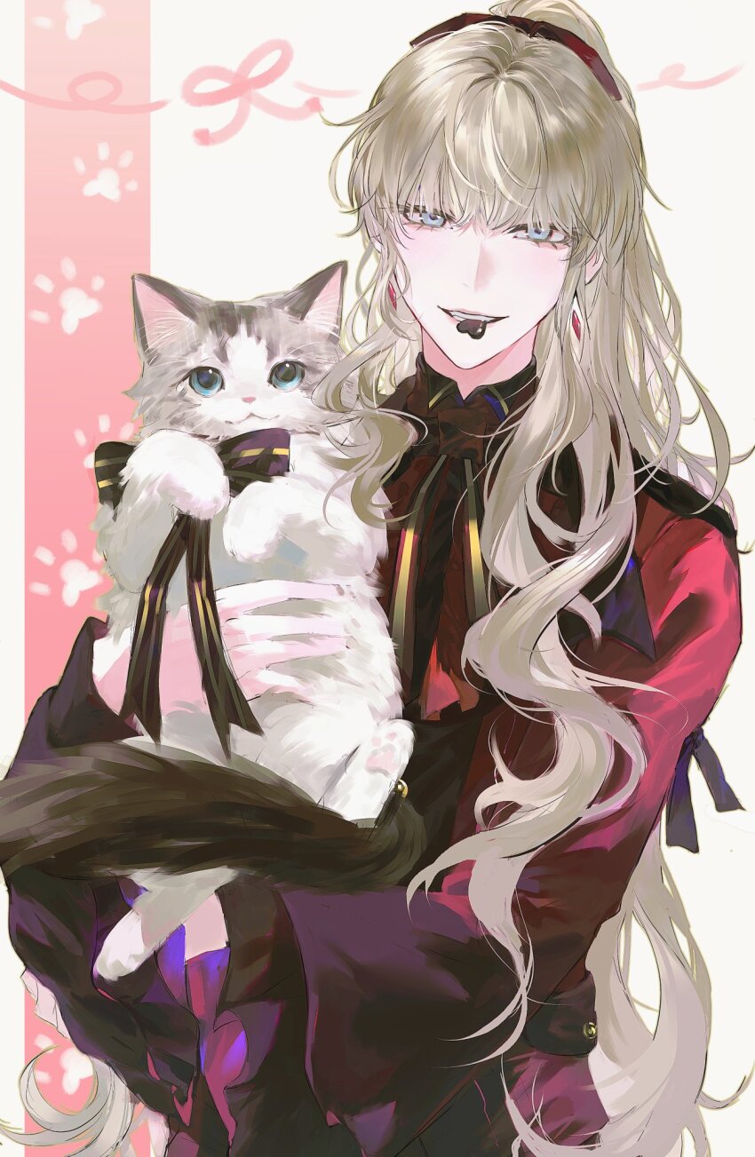 1boy, androgynous, animal, blonde_hair, blue_eyes, bow, bowtie, candy