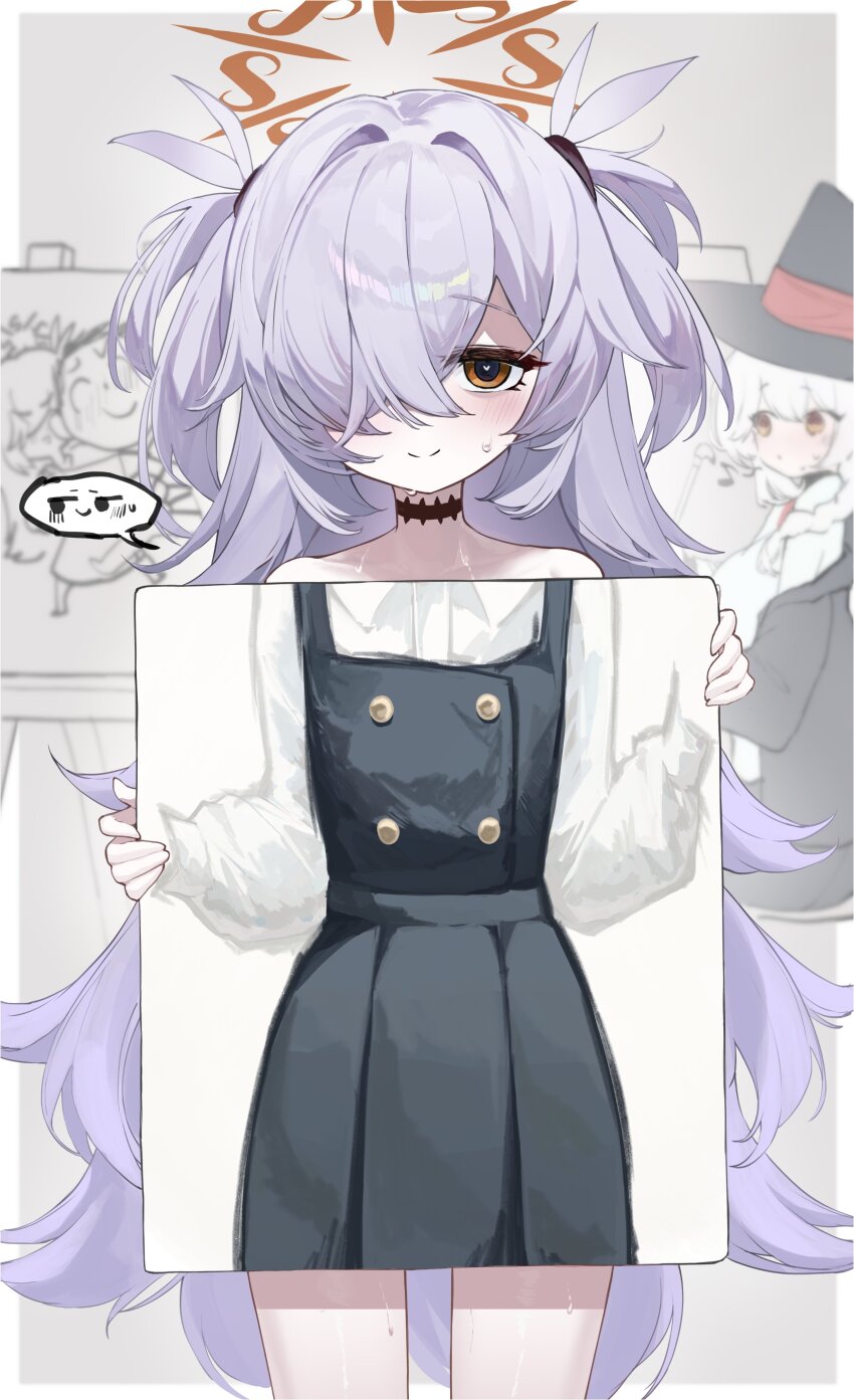 2girls, absurdres, blue_archive, blush, brown_halo, doodle_sensei_(blue_archive), eri_(blue_archive), grey_hair, halo, heart, heart-shaped_pupils, highres, holding_painting, kabedoru, kanoe_(blue_archive), multiple_girls, painting_(object), sensei_(blue_archive), smile, speech_bubble, sweat, symbol-shaped_pupils