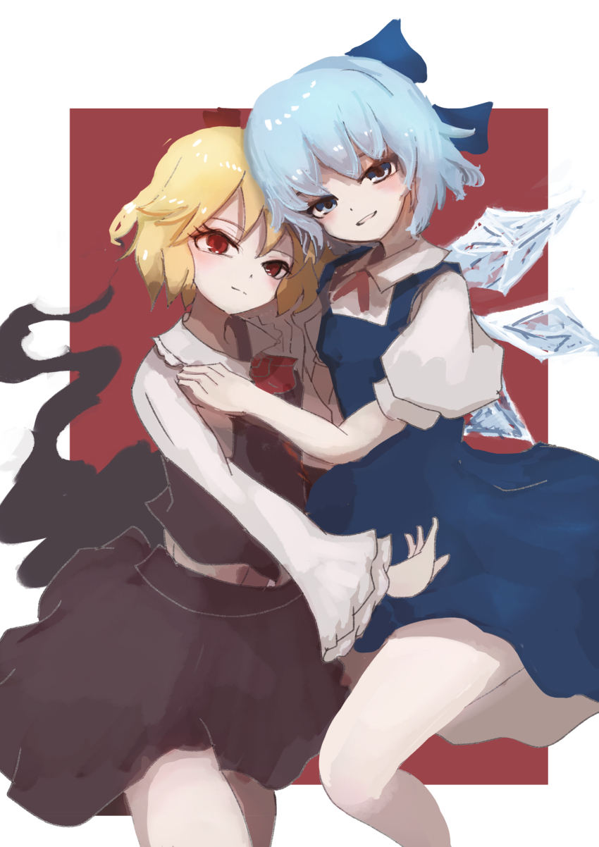 2girls, asakazu, ascot, black_skirt, black_vest, blonde_hair, blue_bow, blue_dress