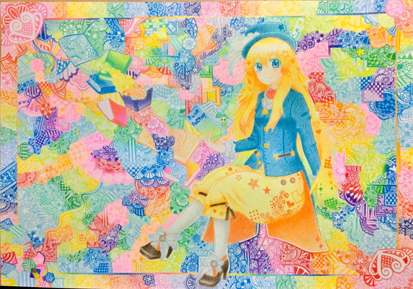 1girl, blonde_hair, blue_eyes, blue_hat, book, brown_shoes, copyright_name, hat, hat_feather, highres, holding, holding_book, koyomi1222, long_hair, photo_(medium), puffy_pants, rune_factory, rune_factory_frontier, selphy, shoes, sitting, solo, traditional_media