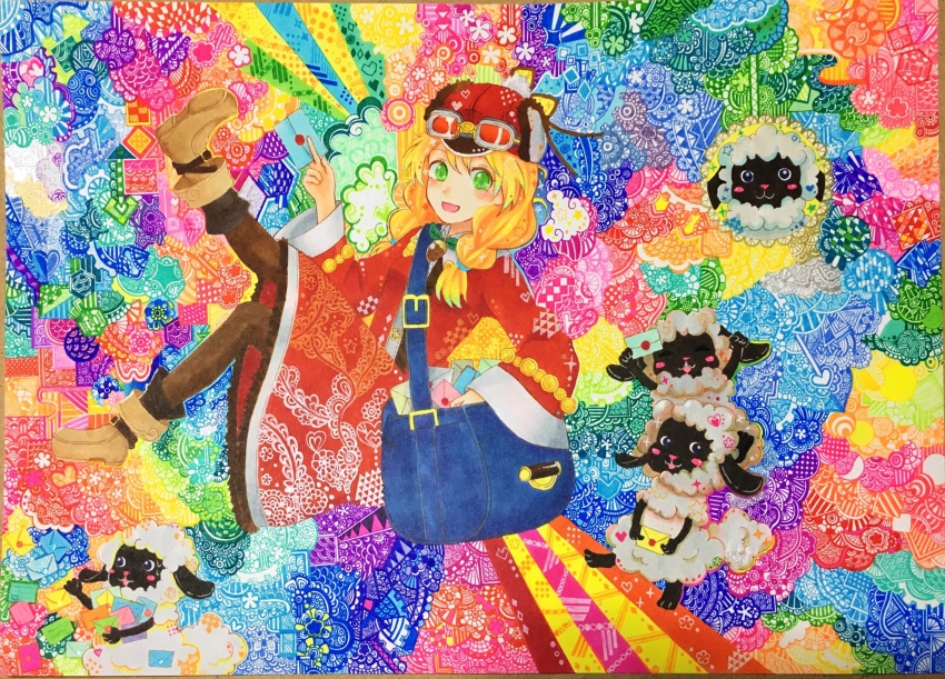 1girl, :d, anette_(rune_factory), bag, blonde_hair, blush_stickers, boots, braid, brown_boots, full_body, fur_trim, goggles, goggles_on_headwear, green_eyes, hat, highres, holding, holding_letter, koyomi1222, letter, mokomoko_(rune_factory), open_mouth, pale_skin, red_hat, rune_factory, rune_factory_frontier, sheep, shoulder_bag, smile, solo_focus, traditional_media, twin_braids, wide_sleeves