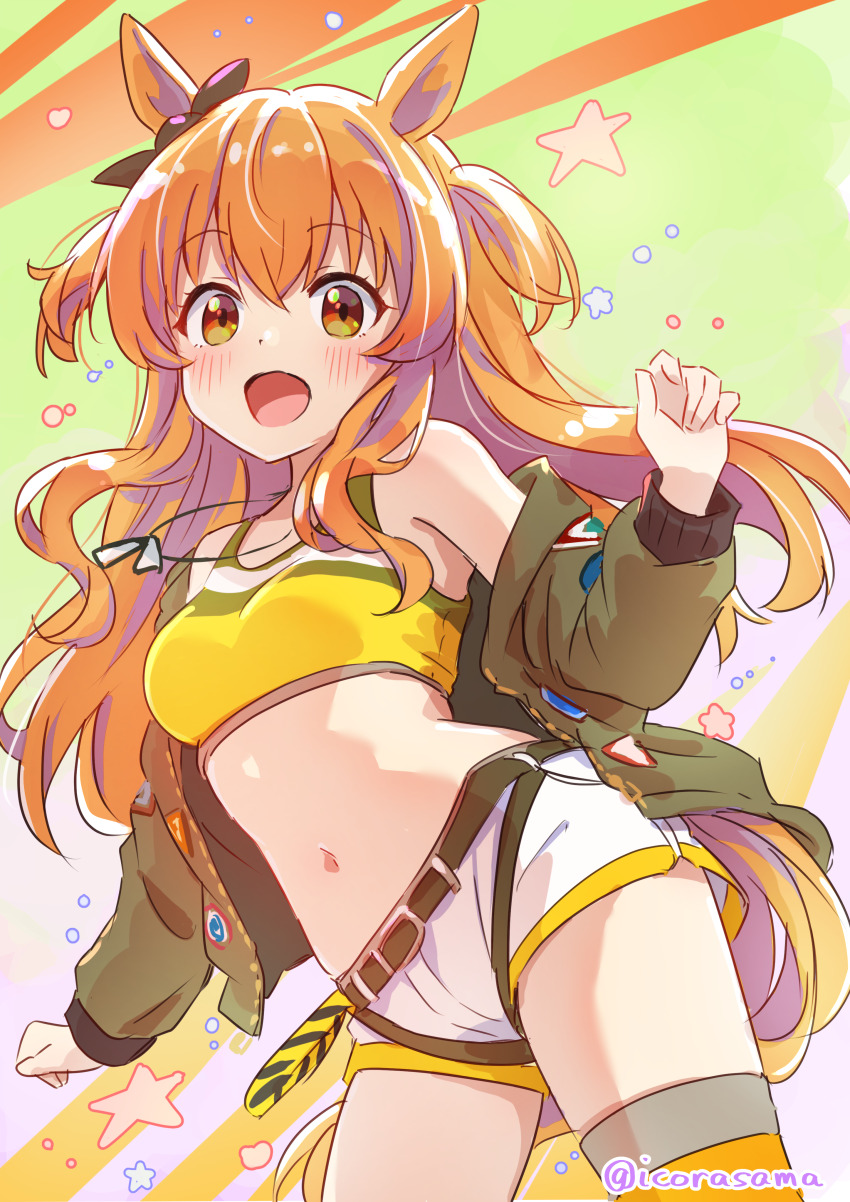 1girl, absurdres, animal_ears, black_ribbon, bow, brown_eyes, commentary_request, dog_tags, ear_ribbon, green_jacket, highres, horse_ears, horse_girl, horse_tail, icorasama, jacket, long_hair, long_sleeves, looking_at_viewer, mayano_top_gun_(scramble_zone)_(umamusume), mayano_top_gun_(umamusume), midriff, navel, orange_hair, ribbon, shorts, standing, tail, thighhighs, umamusume, white_shorts