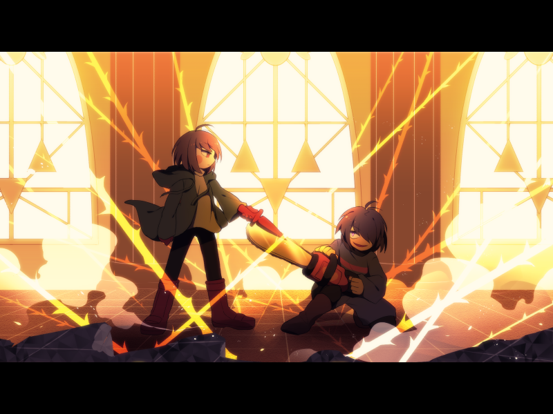 2girls, alternate_universe, arm_on_own_leg, battle, black_leggings, blue_sweater, boots, brown_boots