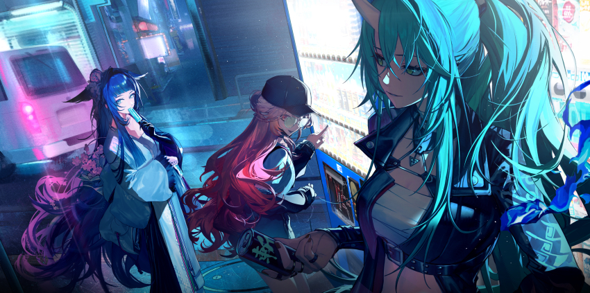 3girls, arknights, black_jacket, blue_eyes, blue_hair, breasts, can, chest_sarashi