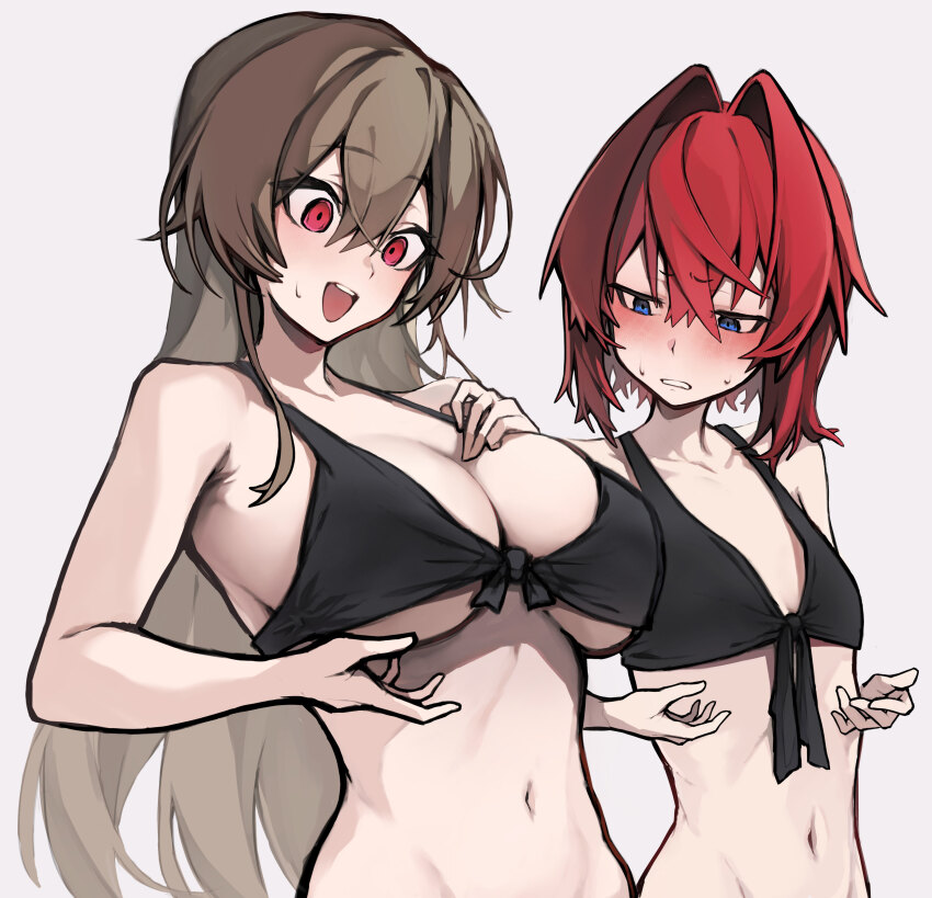 2girls, absurdres, akechi_(akechi_5416), ange_katrina, bare_shoulders, bikini, black_bikini, blue_eyes