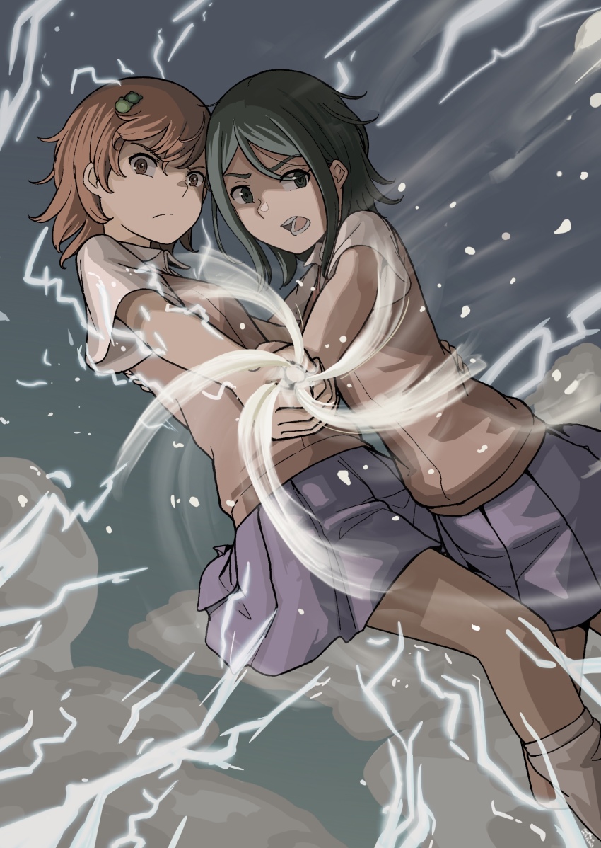 2girls, absurdres, aiming, aiming_at_viewer, black_hair, brown_eyes, brown_hair, brown_sweater_vest