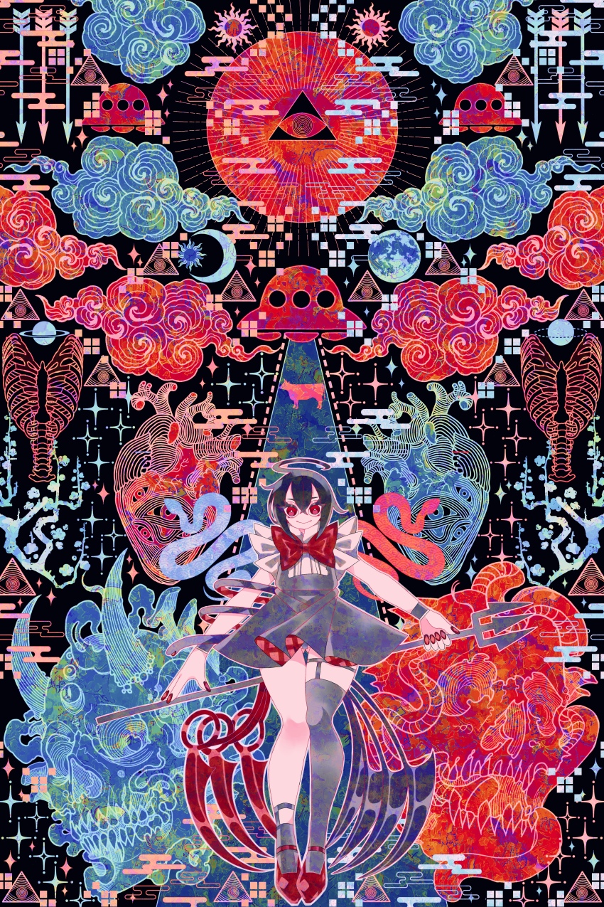 1girl, absurdres, ahoge, alternate_costume, arrow_(projectile), asymmetrical_legwear, asymmetrical_wings, black_hair