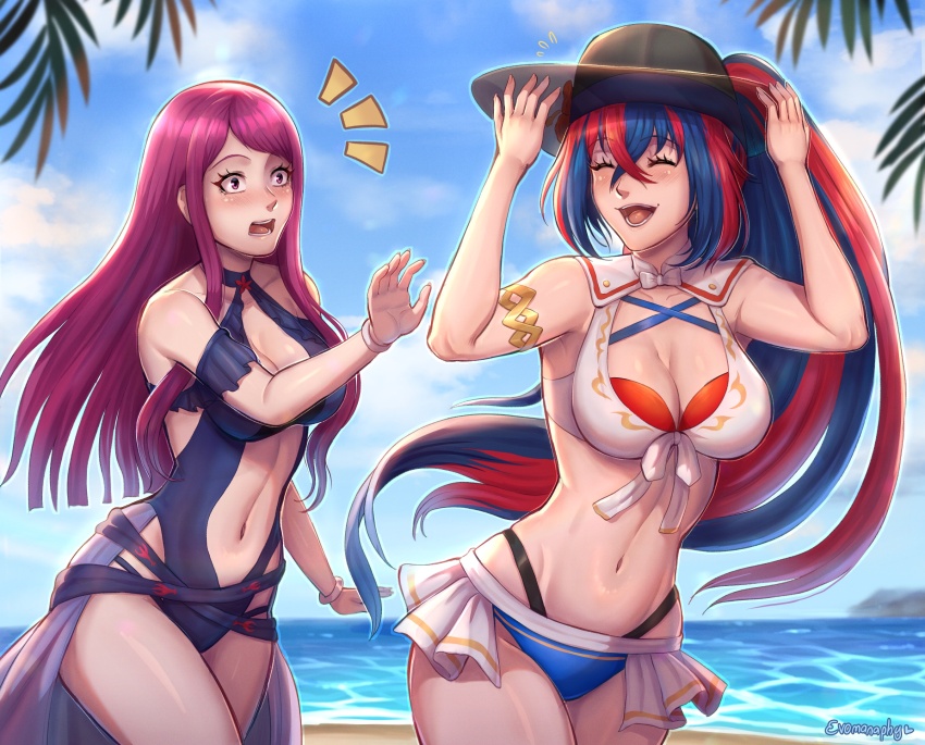 2girls, armpits, bare_arms, beach, bikini, blue_bikini, blue_one-piece_swimsuit, blush, breasts, cleavage, clothes_theft, crossed_bangs, evomanaphy, female_alear_(fire_emblem), female_alear_(seaside_dragon)_(fire_emblem), fire_emblem, fire_emblem_engage, fire_emblem_heroes, hat, hat_theft, highres, ivy_(fire_emblem), ivy_(summer)_(fire_emblem), large_breasts, long_hair, multicolored_hair, multiple_girls, navel, nintendo, ocean, official_alternate_costume, official_alternate_hairstyle, one-piece_swimsuit, outdoors, ponytail, red_bikini, red_hair, split-color_hair, stomach, sun_hat, swimsuit, theft, thighs, two-tone_hair, very_long_hair, white_bikini, wide-eyed, wide_hips