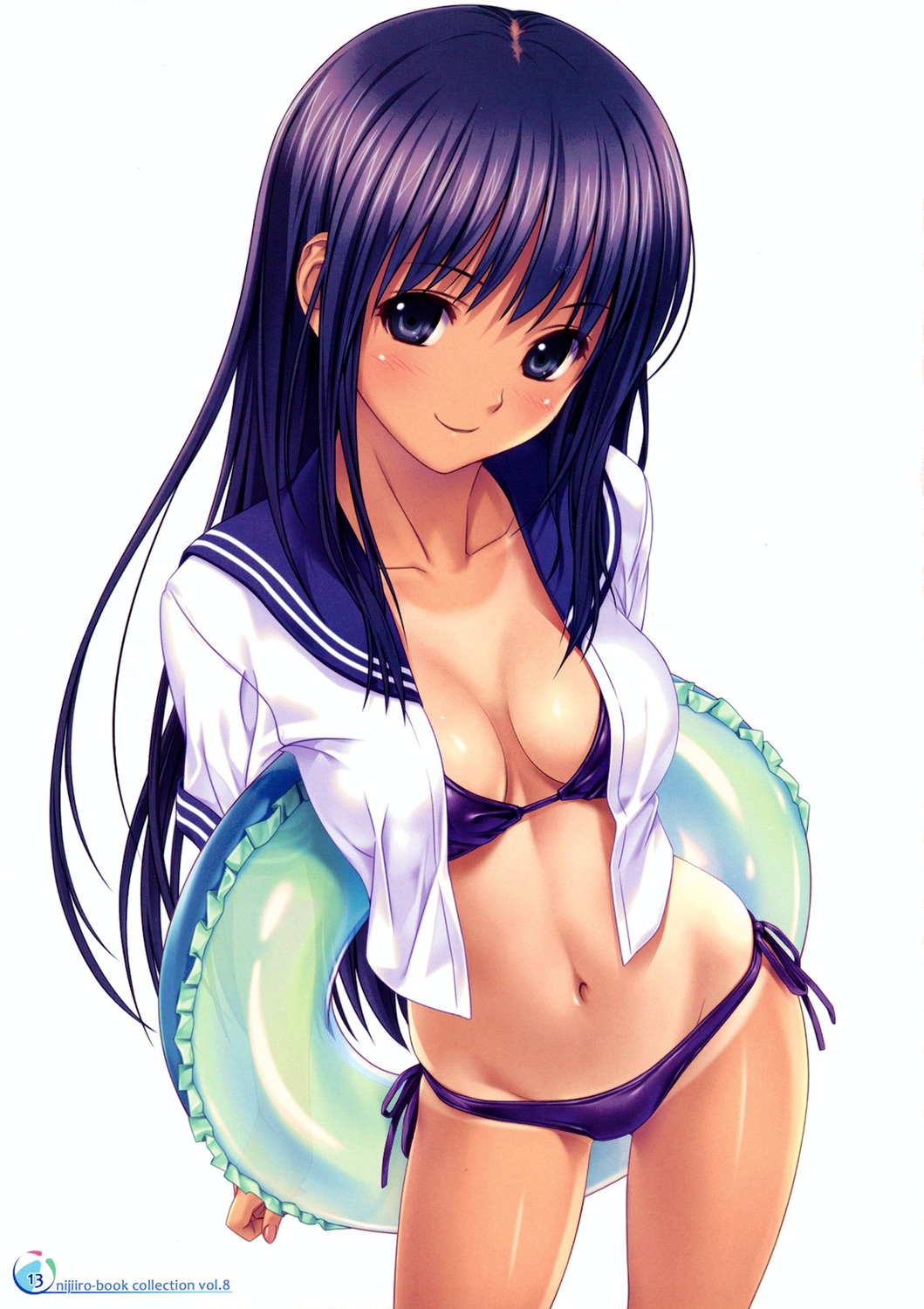 1girl, arms_behind_back, bikini, bikini_under_clothes, blush, breasts, breasts_apart, cleavage, clenched_hand, collarbone, cowboy_shot, duplicate, female_focus, groin, head_tilt, highres, hip_bones, holding, imageboard_sample, innertube, koutaro, leaning, long_hair, looking_at_viewer, lowleg, lowleg_bikini, navel, no_pants, open_clothes, open_shirt, purple_bikini, purple_eyes, purple_hair, school_uniform, serafuku, shirt, short_sleeves, side-tie_bikini_bottom, simple_background, skindentation, sleeve_cuffs, smile, solo, standing, string_bikini, swim_ring, swimsuit, swimsuit_under_clothes, tan, tanline, transparent, very_long_hair, white_background, wide_hips