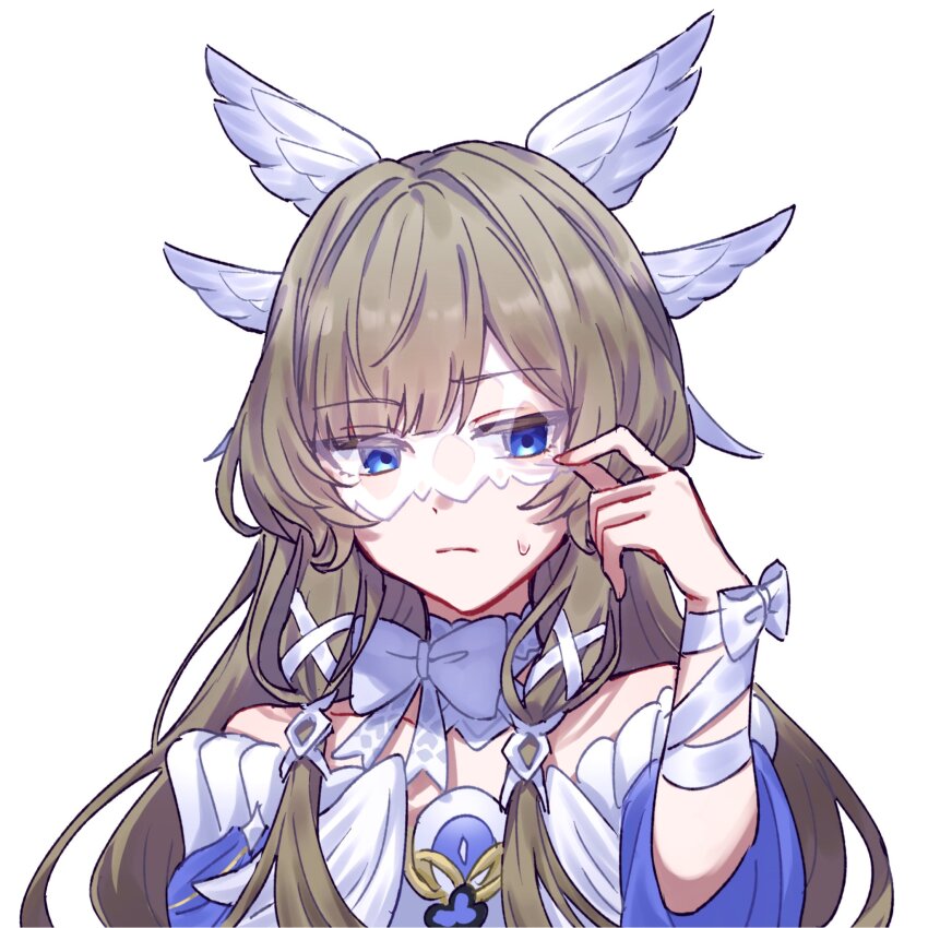 1girl, bare_shoulders, blue_eyes, bow, columbina_(genshin_impact), columbina_(genshin_impact)_(cosplay), cosplay, dress