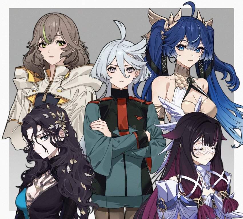 5girls, ahoge, asticassia_school_uniform, baesong, bare_shoulders, black_dress, black_hair, black_pantyhose, blue_eyes, blue_hair, border, breasts, brown_hair, cleavage, closed_eyes, closed_mouth, columbina_(genshin_impact), commentary_request, crossed_arms, curly_hair, dress, earrings, expressionless, final_fantasy, final_fantasy_xiv, genshin_impact, green_eyes, green_jacket, green_shorts, green_streaks, grey_background, grey_eyes, gundam, gundam_suisei_no_majo, iuno_(wuthering_waves), jacket, jewelry, korean_commentary, large_breasts, long_hair, looking_at_viewer, lynn_(voice_actor), miorine_rembran, multiple_girls, outside_border, pantyhose, pantyhose_under_shorts, purple_hair, reverse:1999, school_uniform, shorts, simple_background, sphene_(ff14), twintails, voice_actor_connection, white_border, white_dress, white_hair, white_jacket, willow_(reverse:1999), wuthering_waves