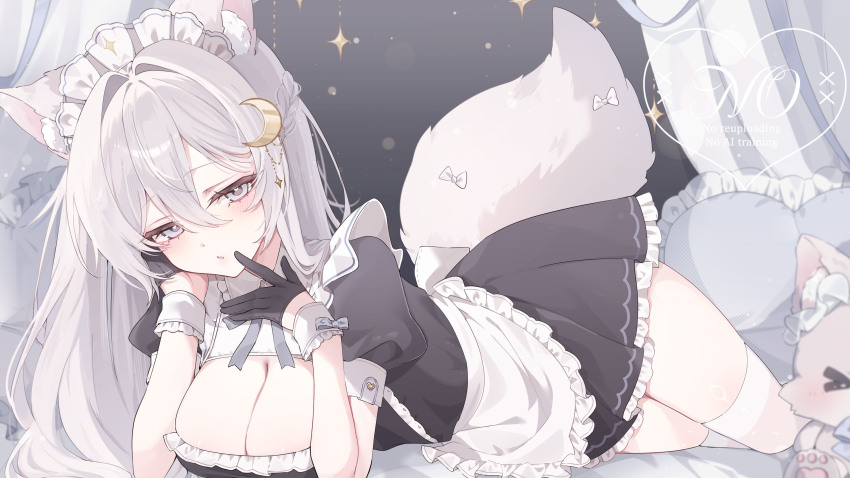 1girl, absurdres, animal_ears, apron, black_dress, black_gloves, breasts, cleavage, cleavage_cutout, clothing_cutout, crescent, crescent_hair_ornament, dress, fox_ears, fox_tail, gloves, grey_eyes, grey_hair, hair_ornament, highres, hoshina_selene_(vtuber), indie_virtual_youtuber, large_breasts, long_hair, looking_at_viewer, lying, maid, maid_apron, maid_headdress, on_stomach, second-party_source, short_dress, short_sleeves, tail, thighhighs, virtual_youtuber, white_headdress, white_thighhighs, yu_o015