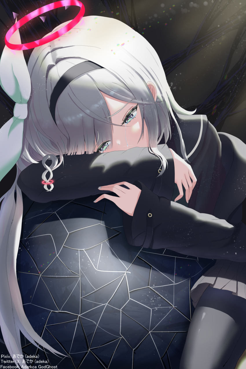 1girl, absurdres, adeka, black_coat, black_eyes, black_hairband, black_sailor_collar, black_serafuku, blue_archive, coat, hairband, halo, highres, phrenapates_(blue_archive), plana_(blue_archive), red_halo, red_pupils, ribbon, sailor_collar, school_uniform, serafuku, white_ribbon