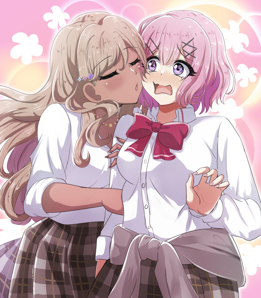 2girls, absurdres, amaori_renako, arm_hug, bow, bowtie, brown_hair, brown_skirt