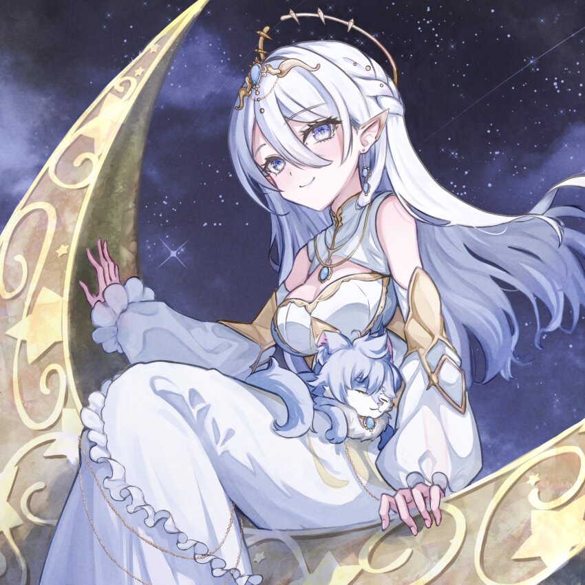 1girl, absurdres, animal, bare_shoulders, blue_eyes, cleavage_cutout, clothing_cutout, crescent