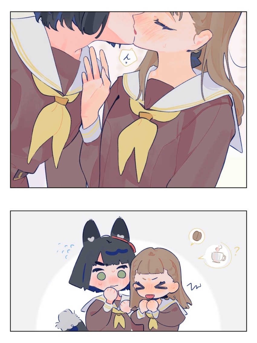 >_<, 2girls, ?, animal_ears, bitter, blush, brown_dress, coffee