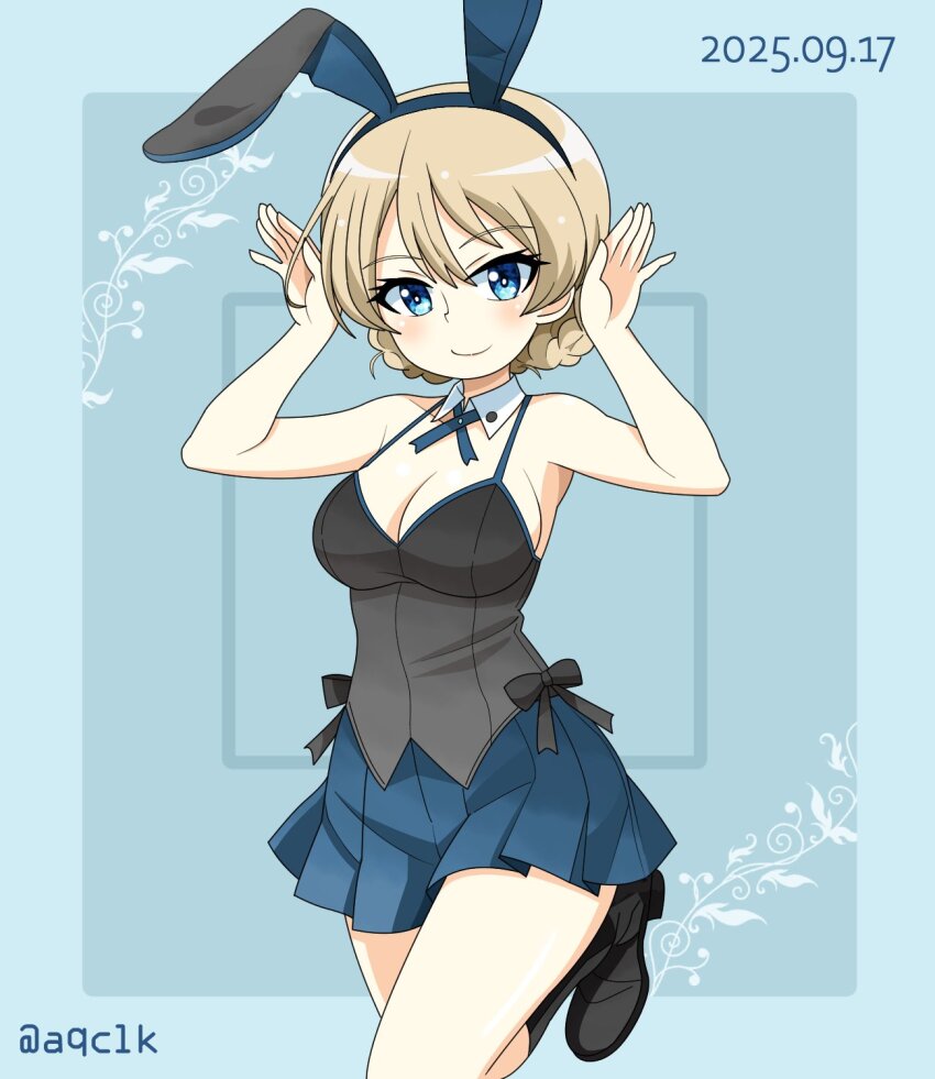 1girl, animal_ears, aqclk, blonde_hair, blue_eyes, blush, braid, breasts, cleavage, closed_mouth, darjeeling_(girls_und_panzer), dated, fake_animal_ears, girls_und_panzer, highres, large_breasts, looking_at_viewer, playboy_bunny, rabbit_ears, rabbit_pose, smile, solo