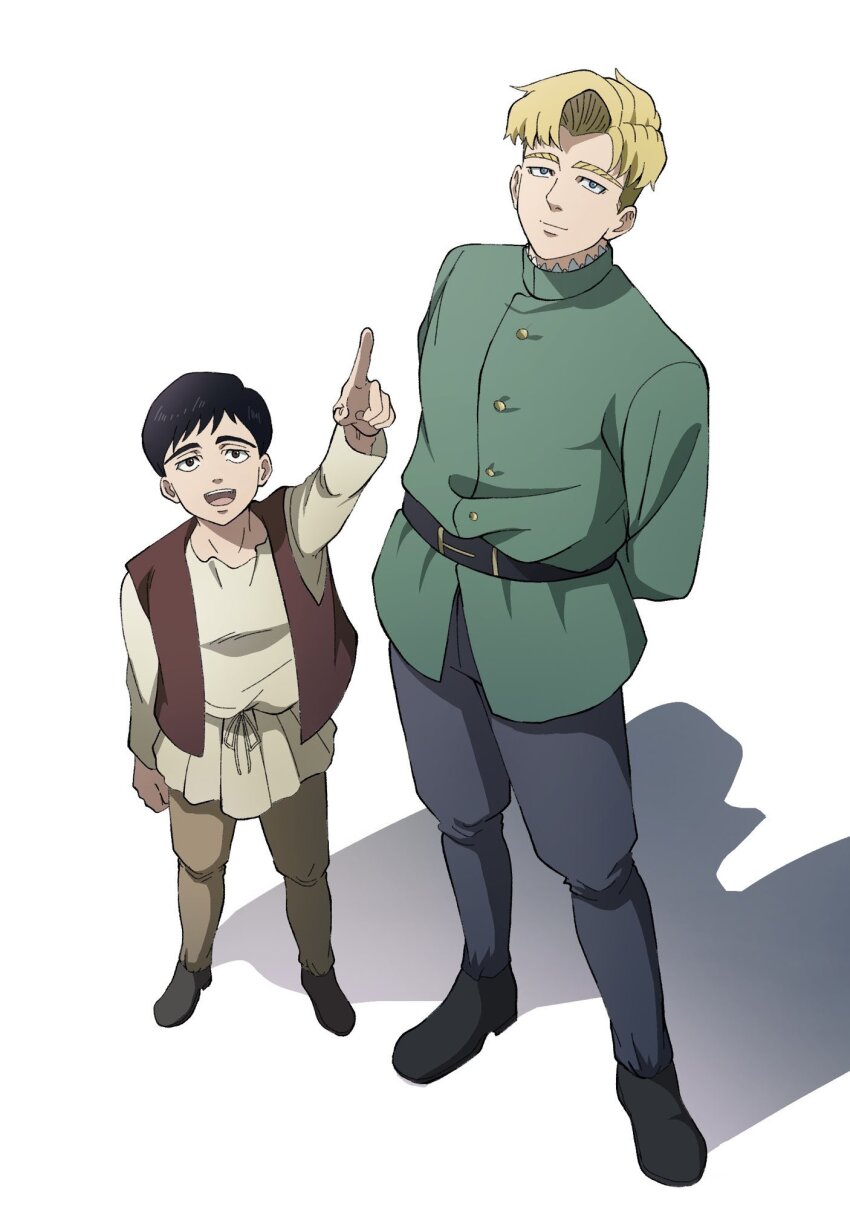 2boys, albert_brudzewski_(chi.), arms_behind_back, black_hair, black_pants, black_shoes, blonde_hair, brown_pants, brown_vest, chi.:_chikyuu_no_undou_ni_tsuite, child, closed_mouth, eruliku, green_jacket, highres, jacket, light_smile, male_focus, multiple_boys, open_mouth, pants, parted_bangs, pointing, rafal_(chi.), shirt, shoes, short_hair, smile, vest, white_background, white_shirt