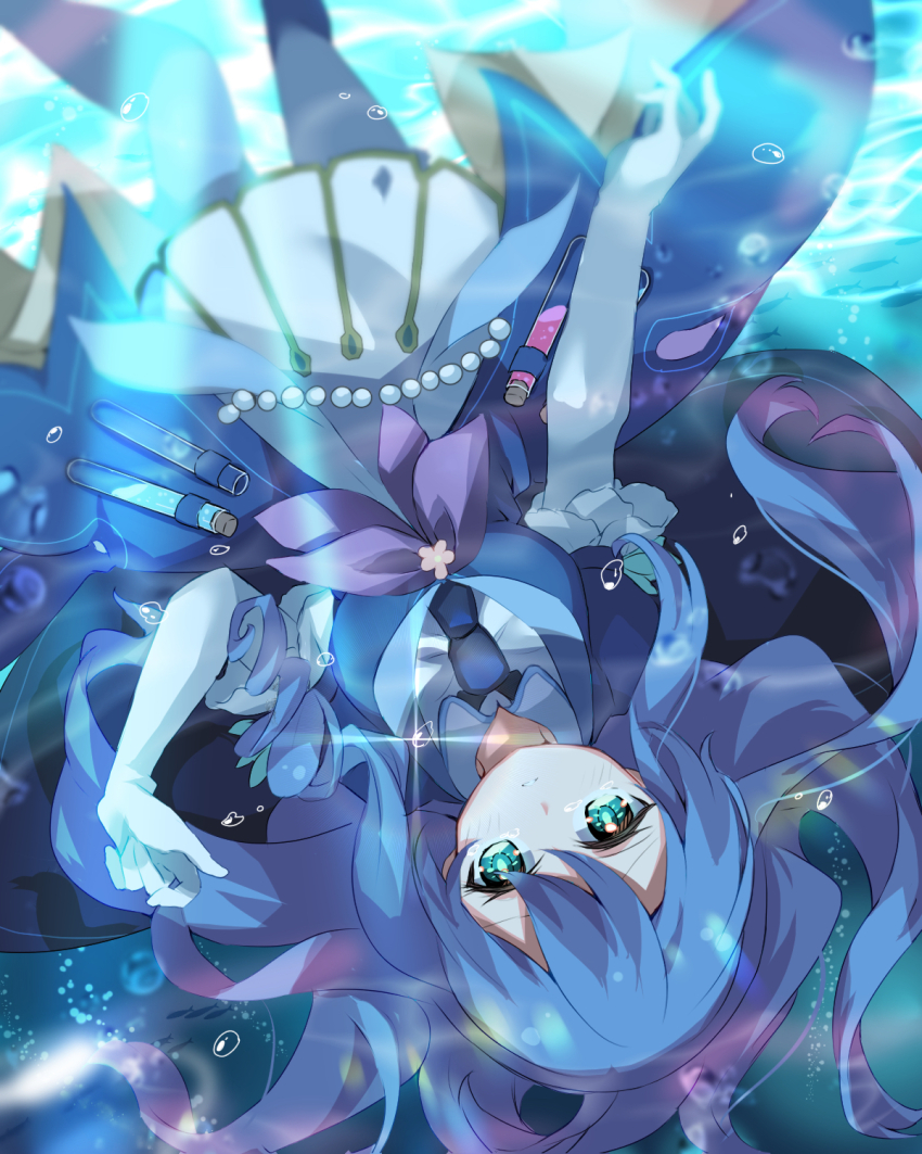 1girl, aromage_rosemary, aromaseraphy_rosemary, blue_dress, blue_hair, blue_necktie, blush, breasts