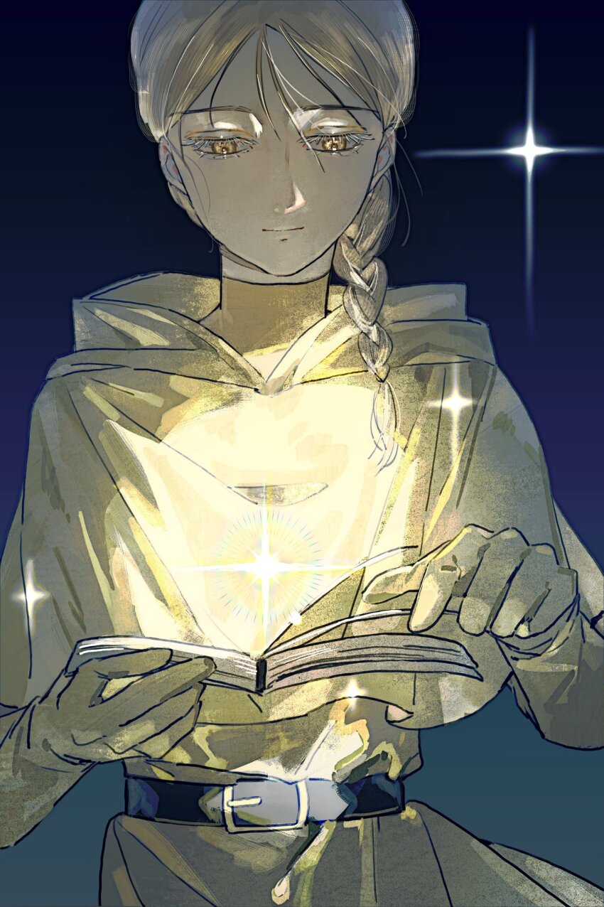 1girl, belt, belt_buckle, black_belt, blonde_hair, blue_background, book, braid