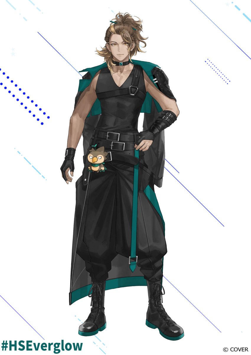 1boy, asymmetrical_gloves, baggy_pants, belt, bird, black_belt, black_boots, black_choker