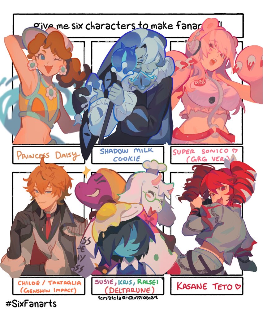 1other, 3boys, 4girls, animal_ears, animal_hands, blue_eyes, blue_hat, blue_skin